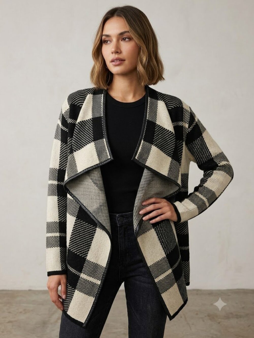 Papillon Black & Cream Plaid Open-Front Cardigan - Picture 1 of 6